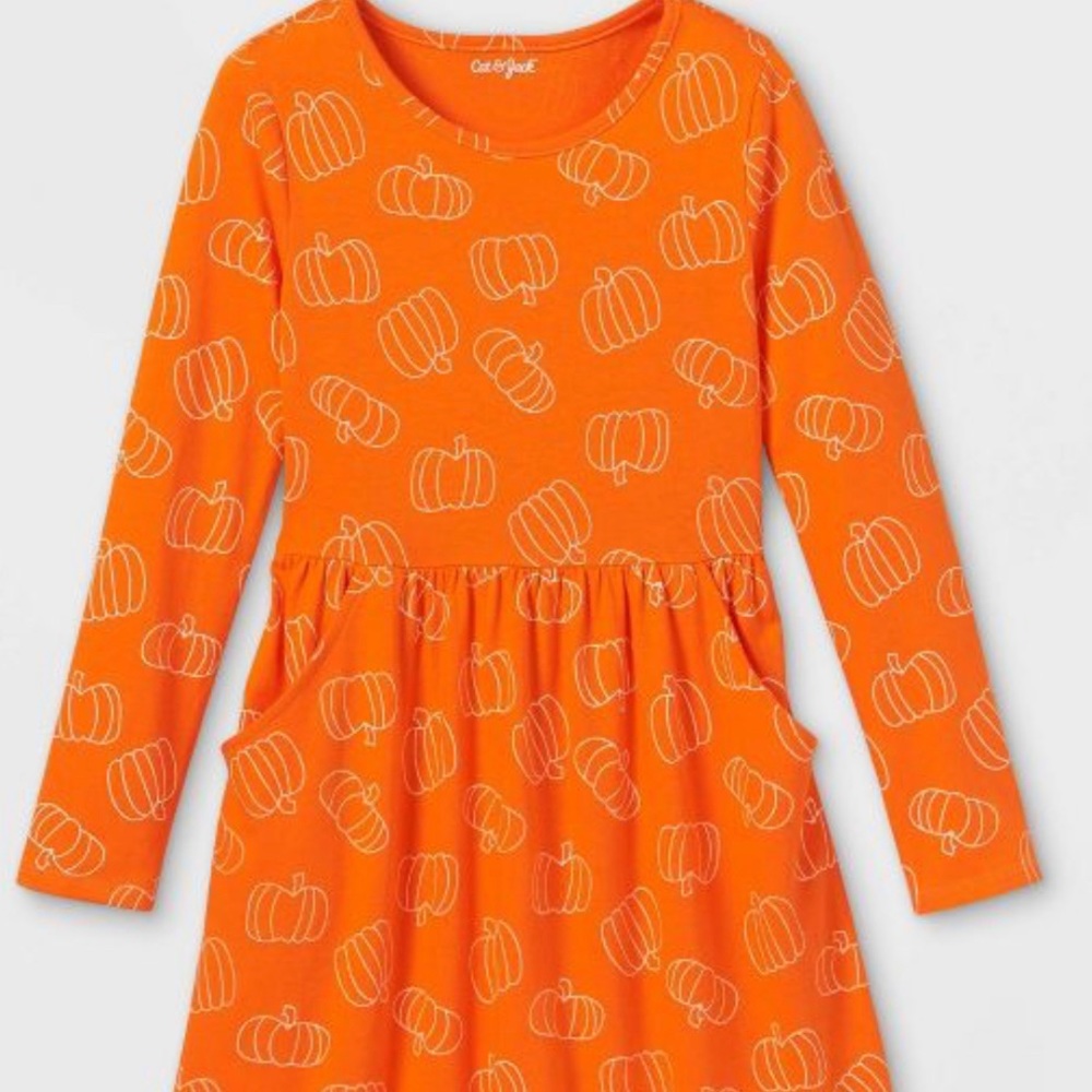Girls' Cat & Jack Orange Dress with pumpkins Halloween Thanksgiving New with Tag
